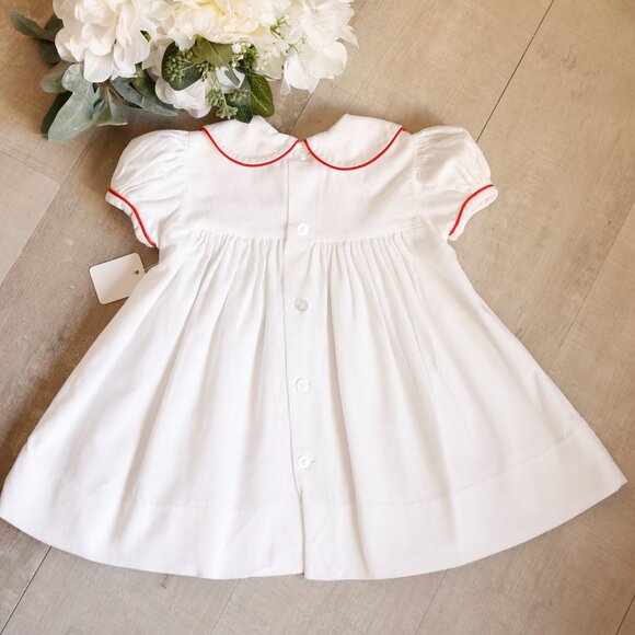 Girl's White Corduroy Smocked Dress Red and Green Embroidery Boutique 6 Months - Picture 4 of 5